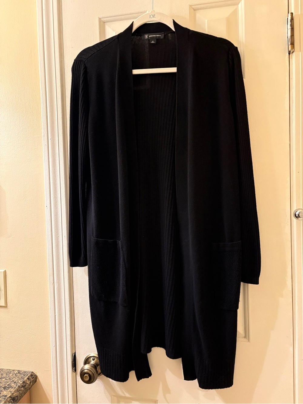 INC International Concepts Black Long Open-Front Cardigan with Pockets